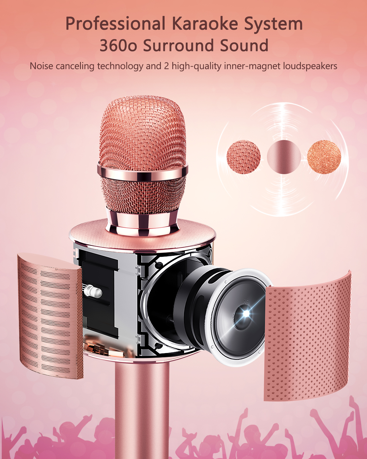 TECBOSS Microphone for Kids Rose Gold and LED Karaoke Microphone Pink 